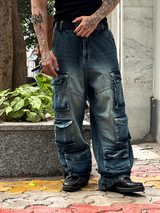 Distressed Denim Cargo Pants
