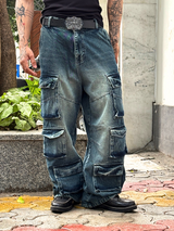 Distressed Denim Cargo Pants