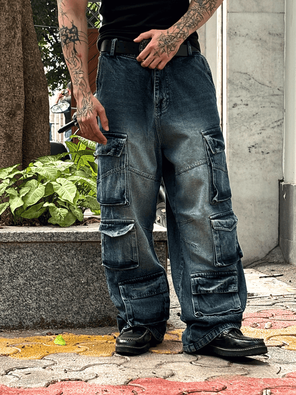 Distressed Denim Cargo Pants