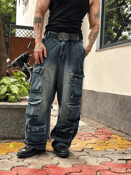 Distressed Denim Cargo Pants