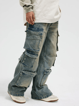 Distressed Denim Cargo Pants - White Cobra