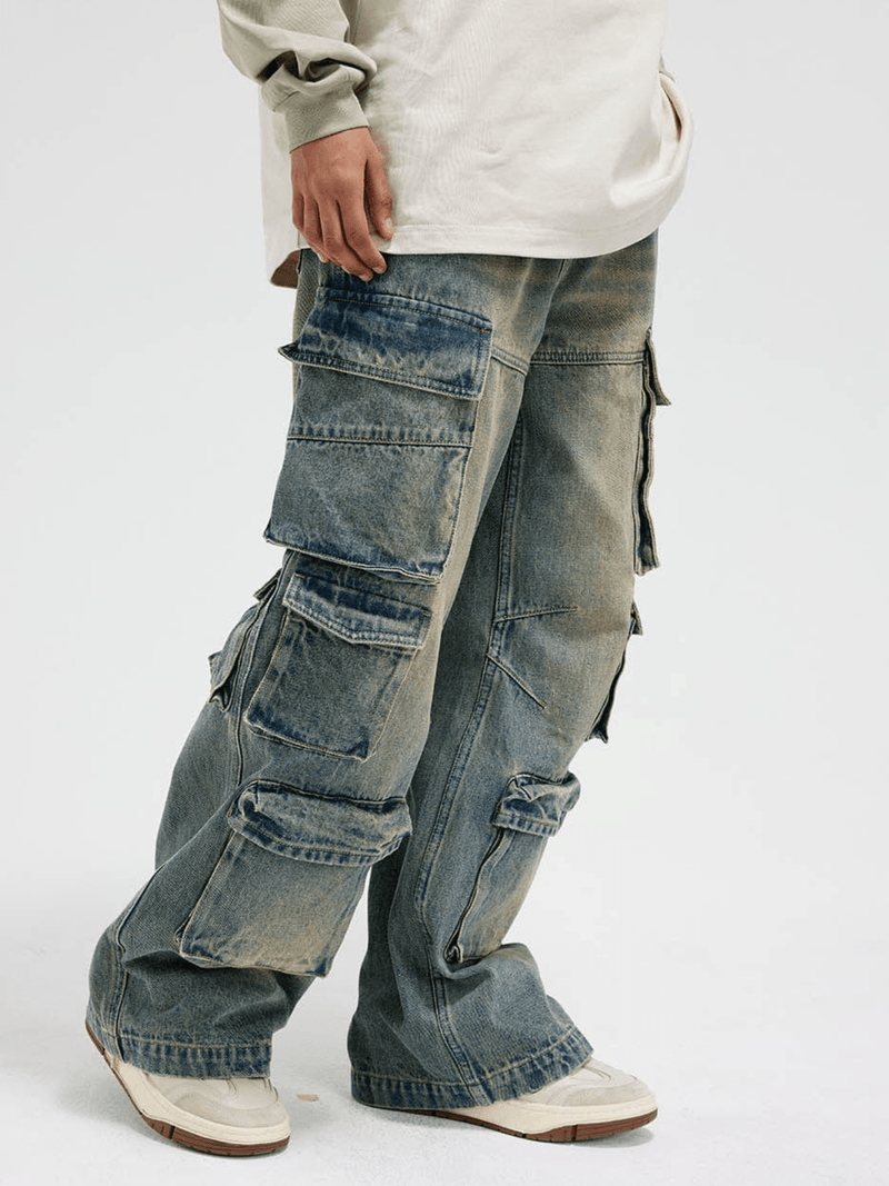 Distressed Denim Cargo Pants - White Cobra