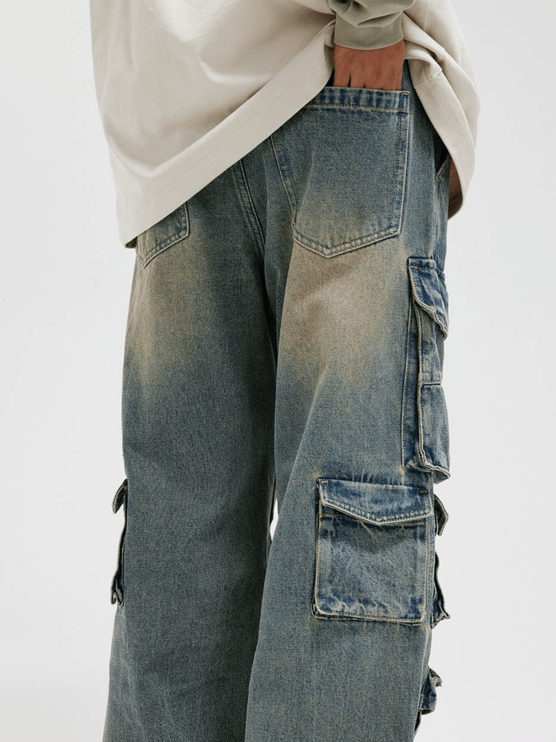 Distressed Denim Cargo Pants - White Cobra
